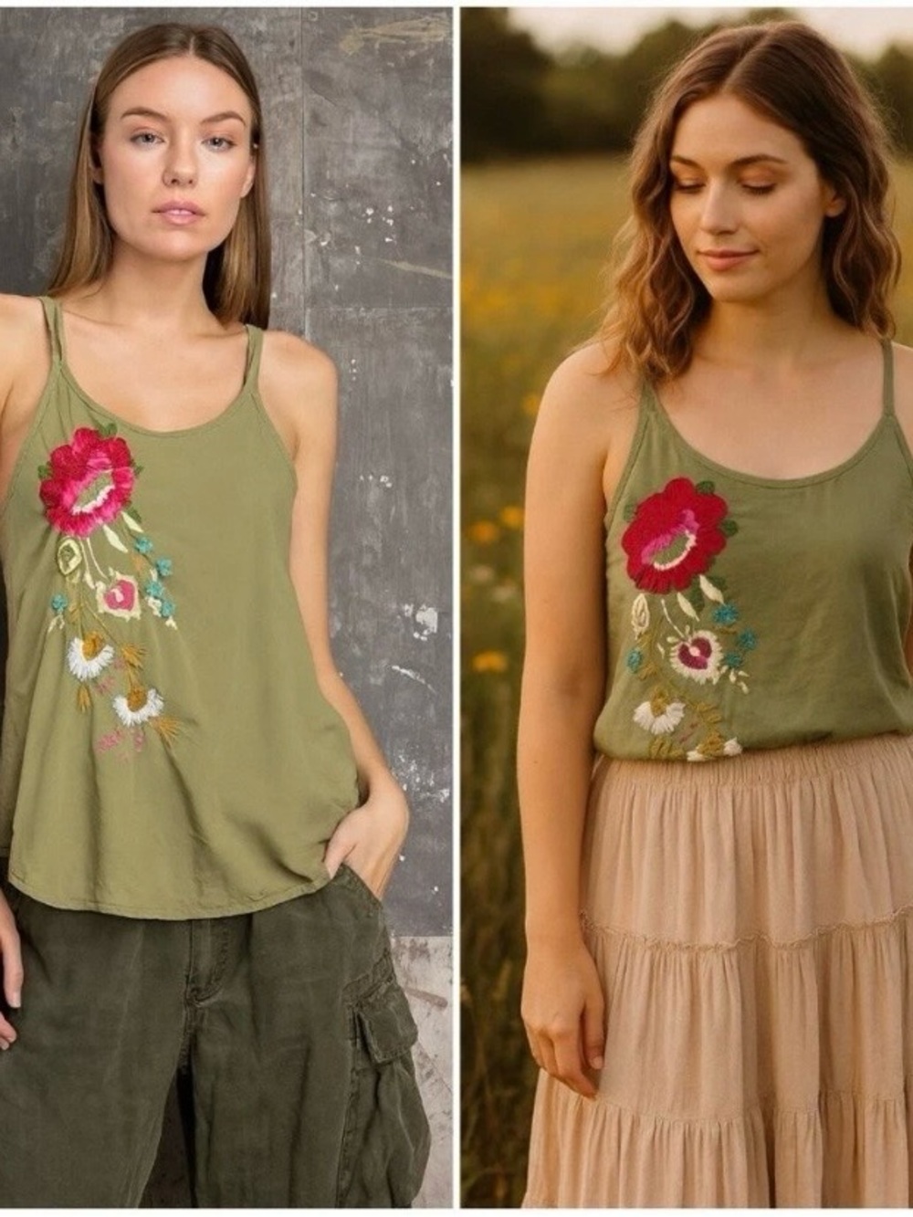 Akemi + Kin Needlepoint Tank Top Women’s M Green Embroidered Floral Boho Anthro